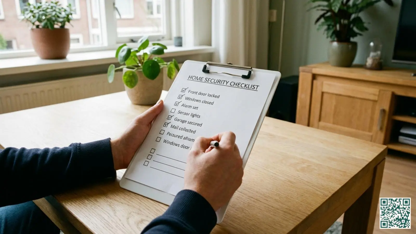 Beveiligingschecklist op klembord met afgevinkte punten voor woningbeveiliging wordt doorgenomen met pen