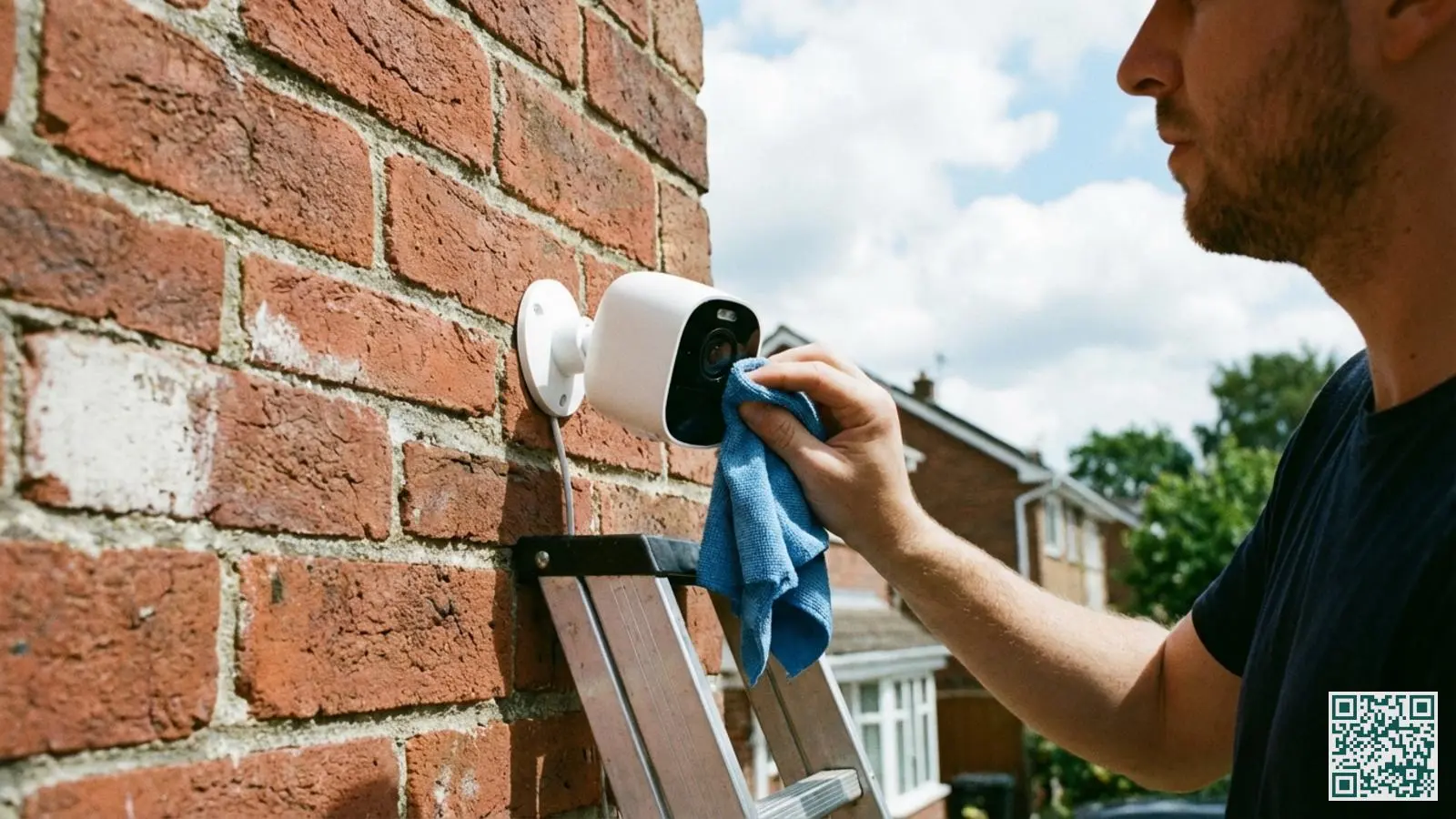 Persoon maakt de lens van een witte buitencamera schoon met een microvezeldoek tegen een bakstenen muur