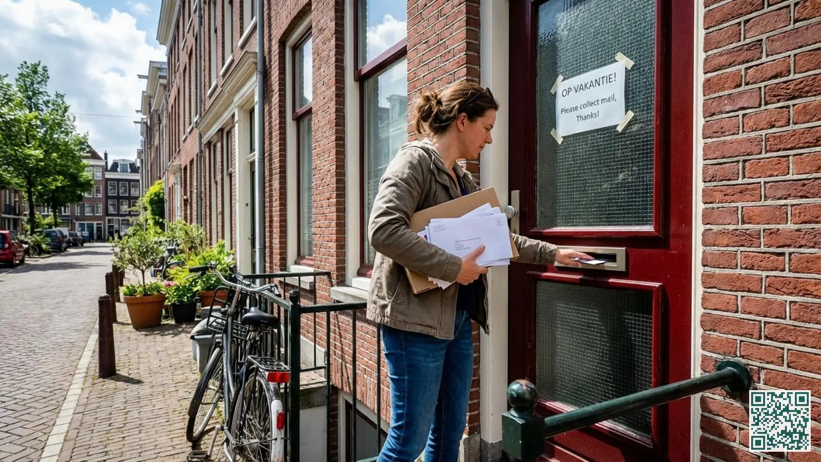 Buurvrouw haalt post en pakketjes op bij de voordeur van buren die op vakantie zijn