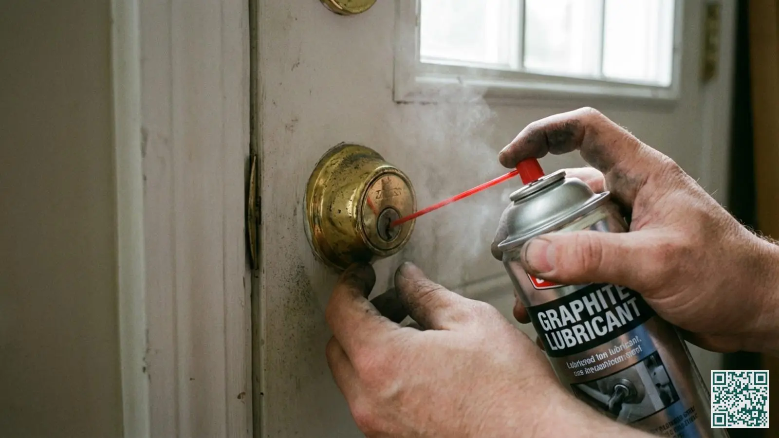 Handen die grafietspray aanbrengen op een messing slotcilinder in een witte deur voor onderhoud