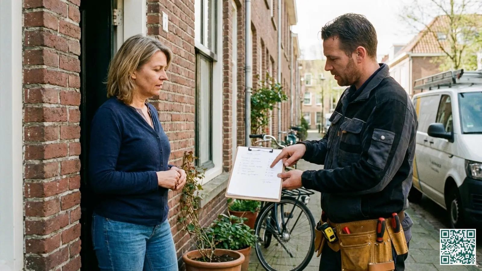 Slotenmaker toont een schriftelijke offerte aan een huiseigenaar bij de voordeur en geeft uitleg over de kosten