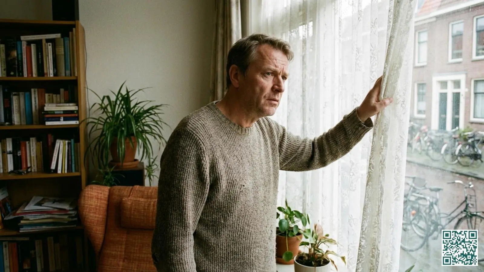 Alerte buurtbewoner houdt de straat in de gaten door het raam van een Nederlandse woning