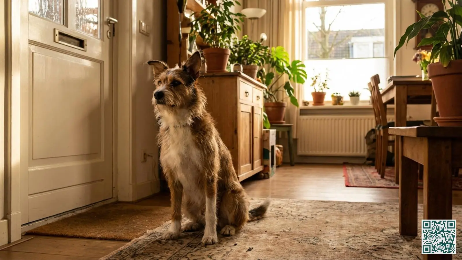 Alerte waakhond zit rechtop naast de witte houten voordeur van een Nederlandse woning