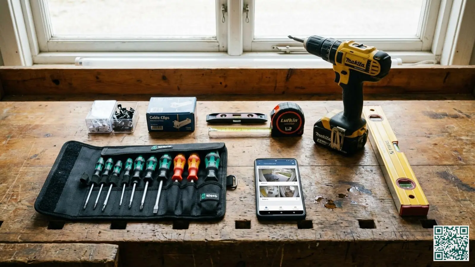 Gereedschap voor doe-het-zelf beveiligingsinstallatie netjes uitgestald op een houten werkbank inclusief boormachine en meetlint