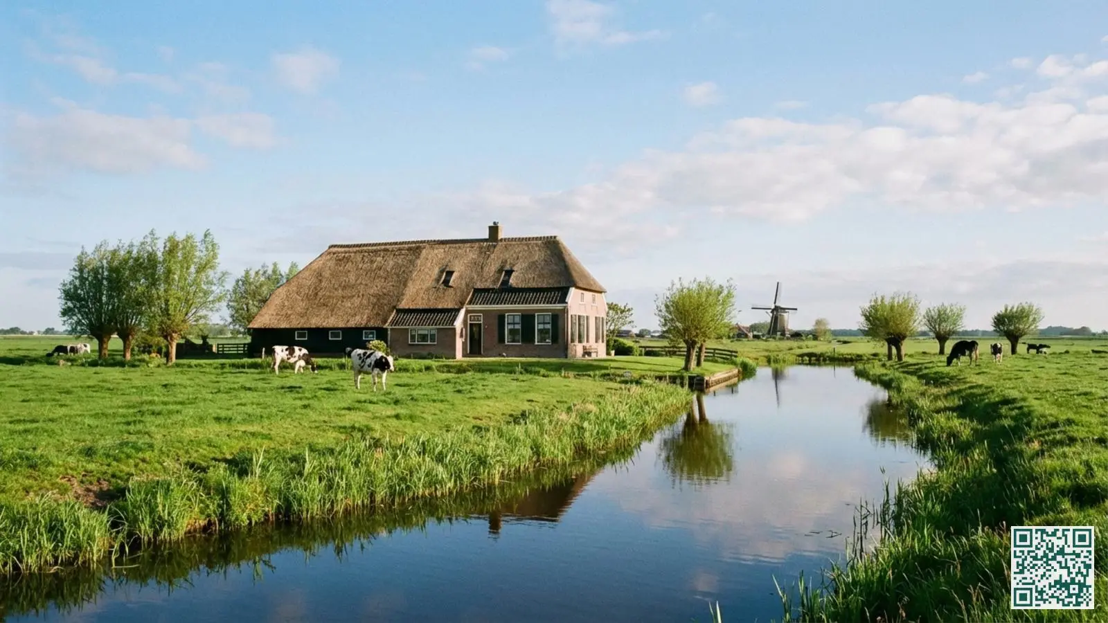 Traditionele Friese woonboerderij met rieten dak aan het water omgeven door groene Friese weilanden