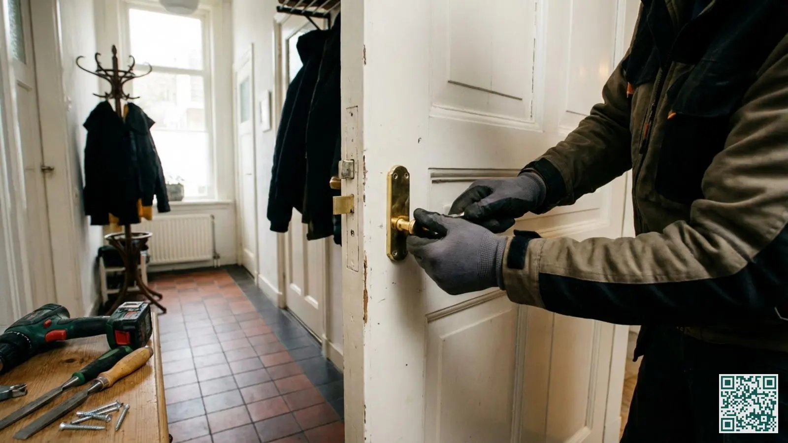 Slotenmaker installeert professioneel veiligheidsbeslag met kerntrekbeveiliging op een witte houten voordeur