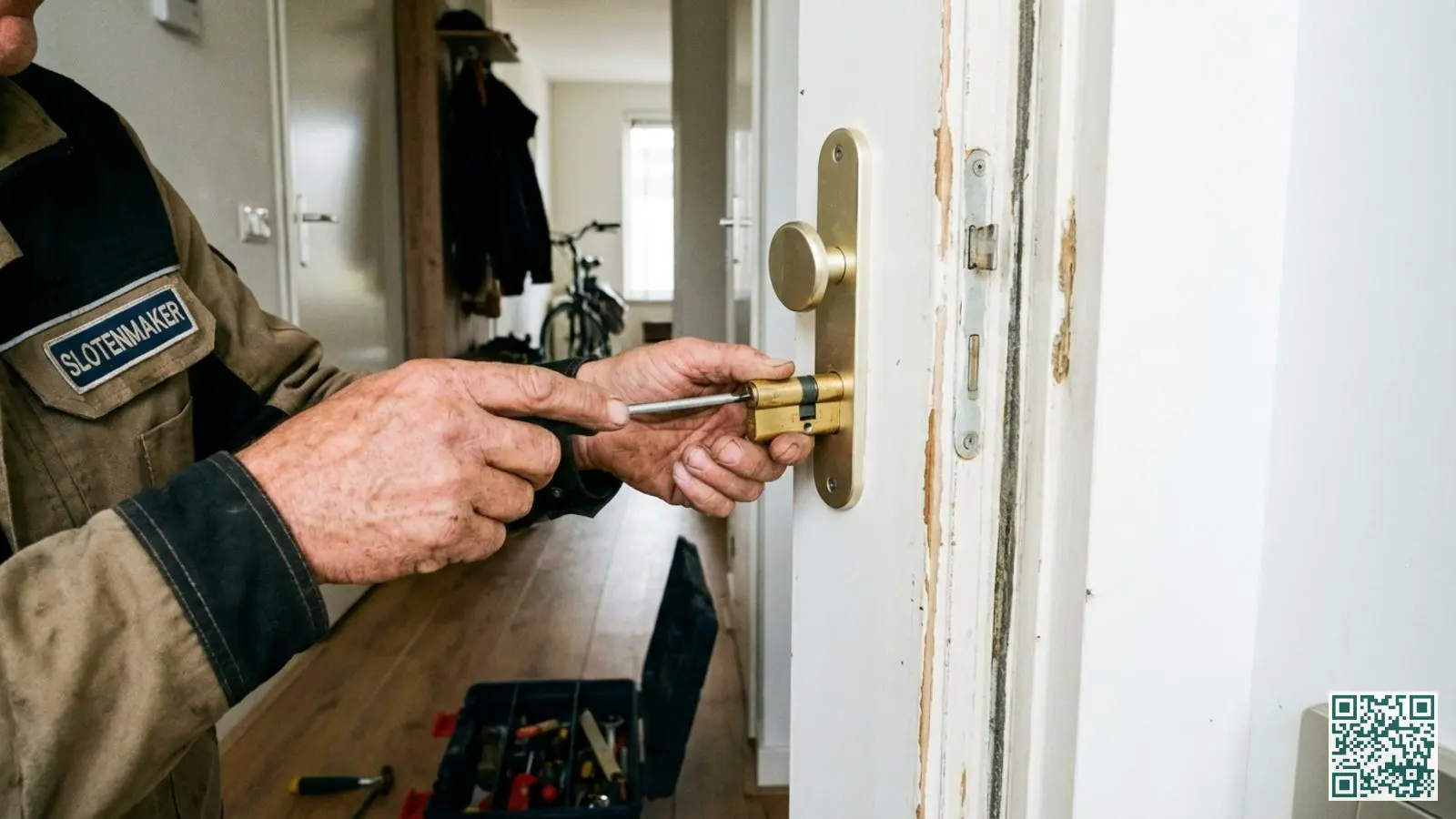 Slotenmaker installeert een messing cilinderslot in een witte voordeur van een Nederlandse woning