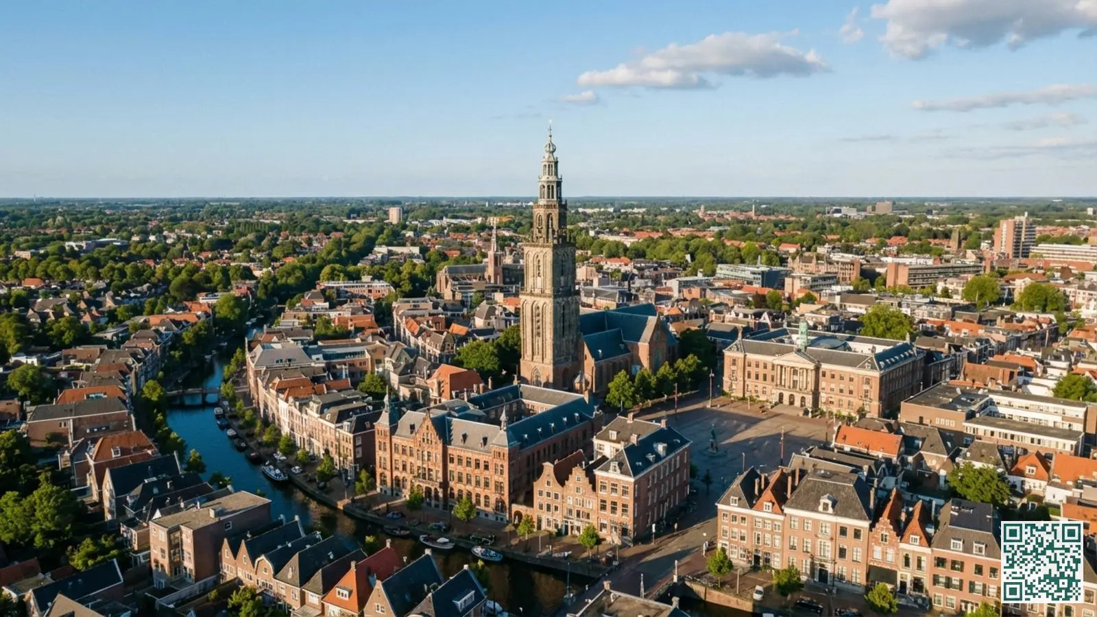 Luchtfoto van de stad Groningen met de Martinitoren en historische binnenstad omringd door woonwijken