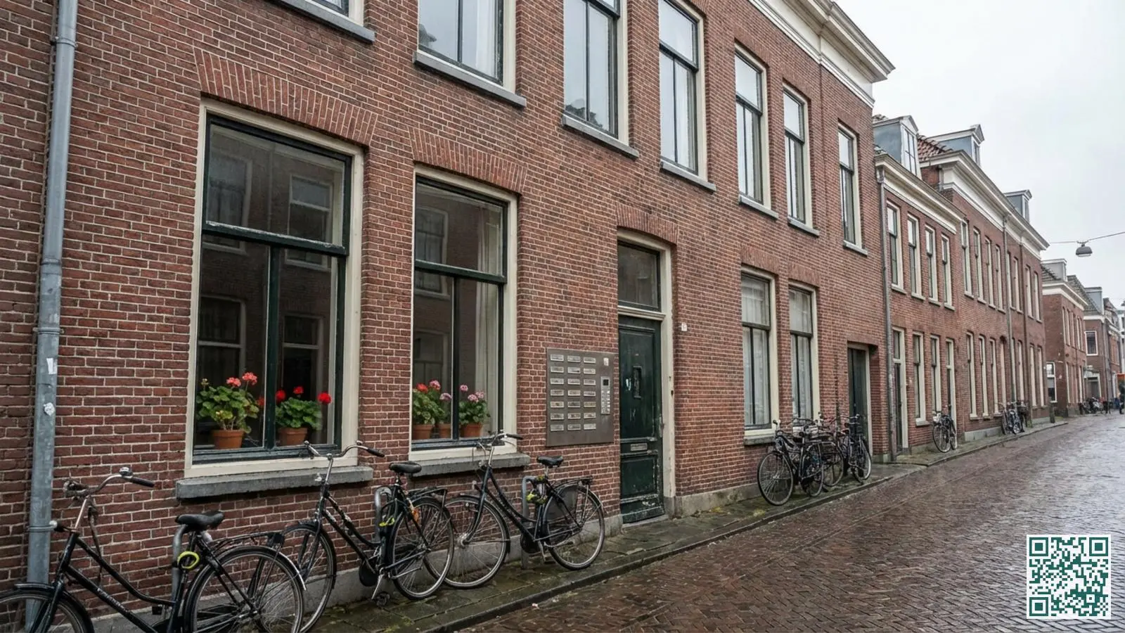 Typisch Gronings studentenpand van rode bakstenen met meerdere verdiepingen en fietsen geparkeerd bij de voordeur