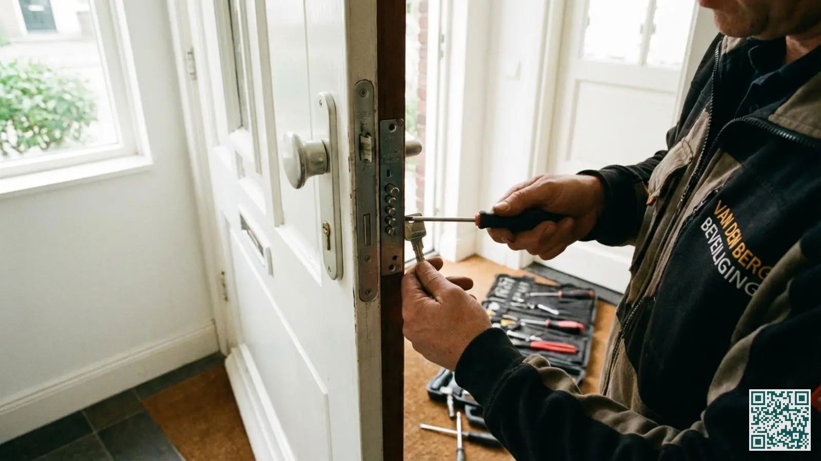 Professionele slotenmaker installeert een gecertificeerd veiligheidsslot op een witte voordeur in een Limburgse woning