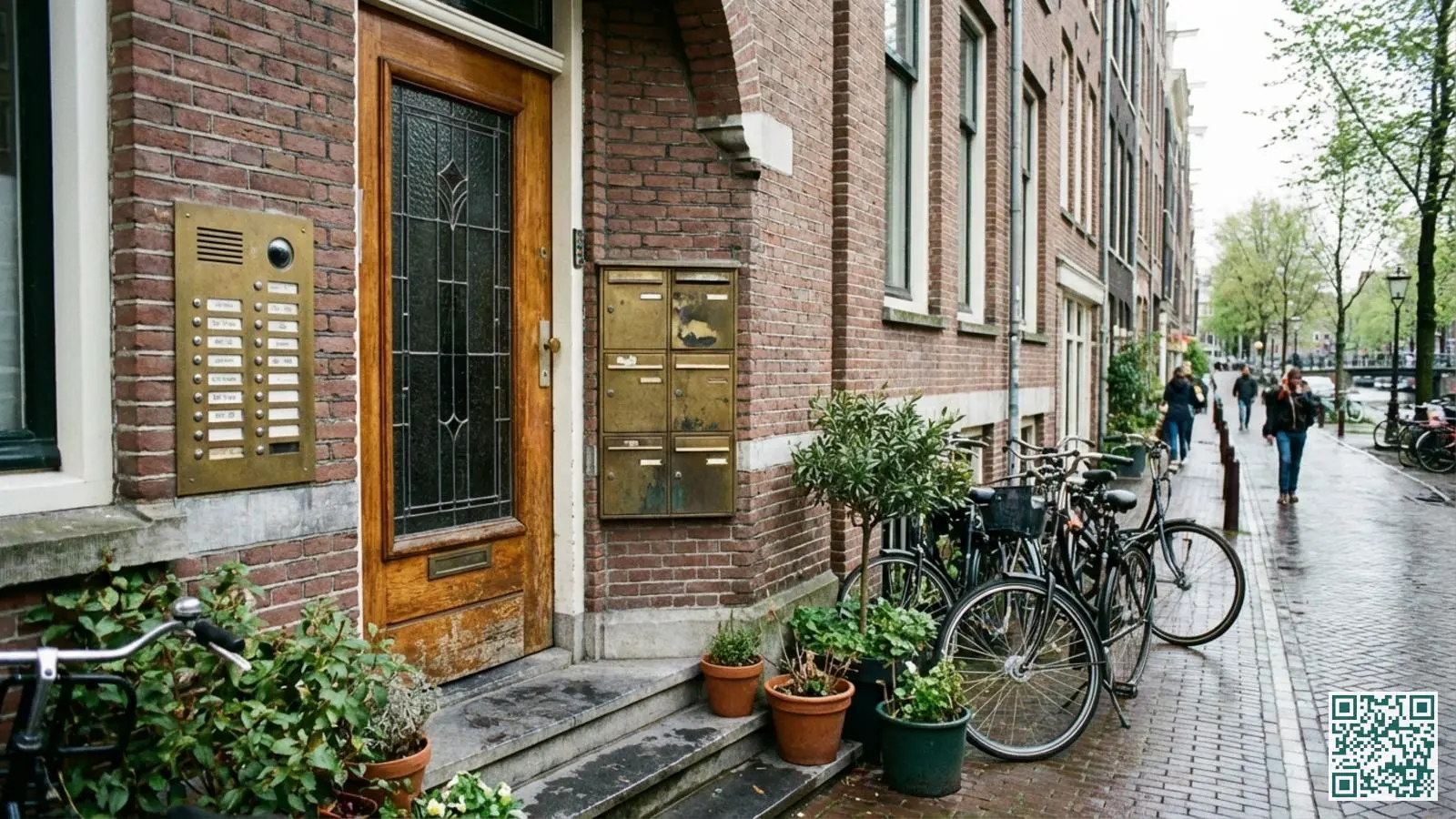 Ingang van een Amsterdamse portiekwoning met brievenbussen en intercom naast een houten toegangsdeur