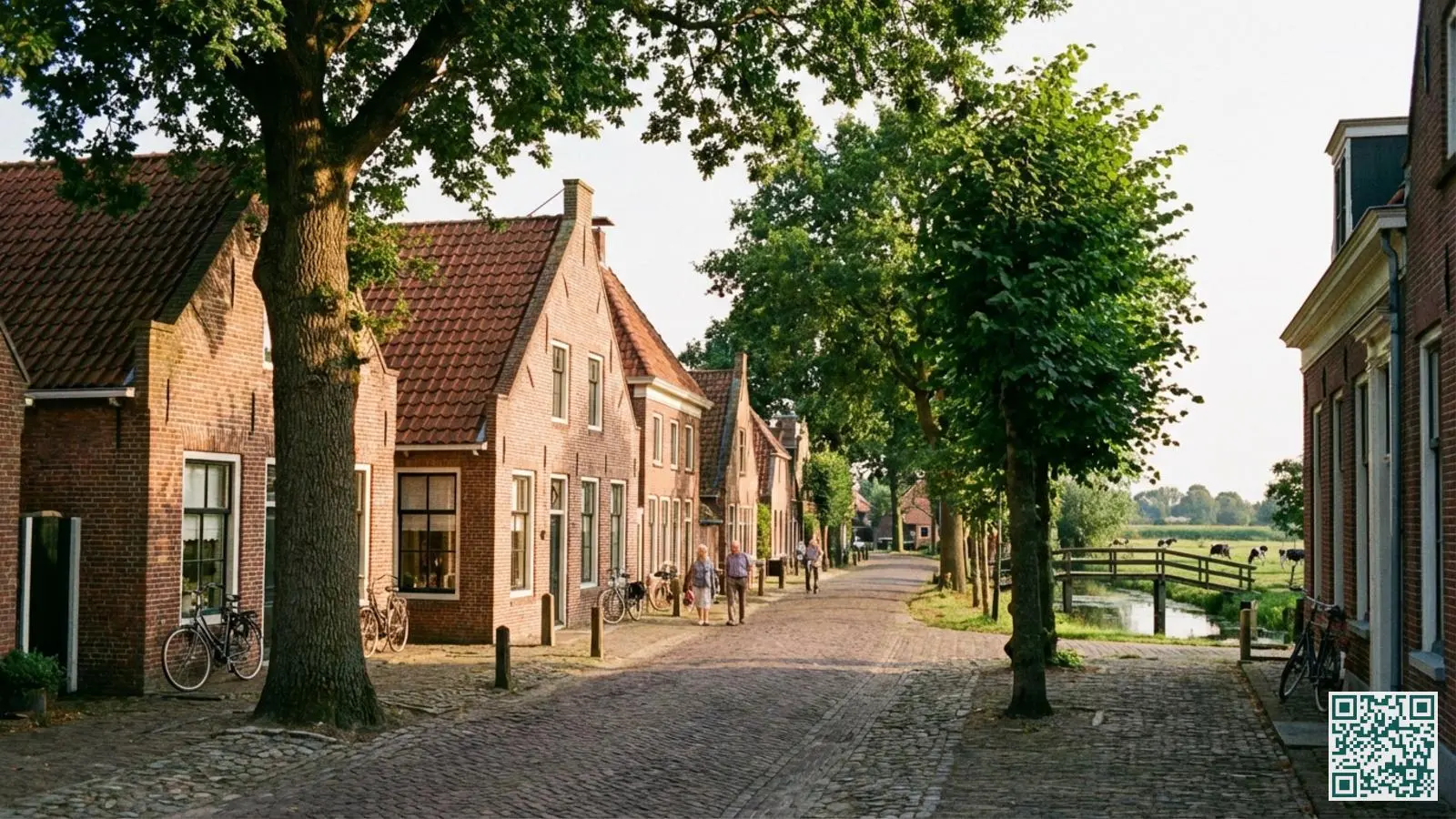 Rustig Overijssels dorp met traditionele bakstenen woningen en rode dakpannen langs een groene straat