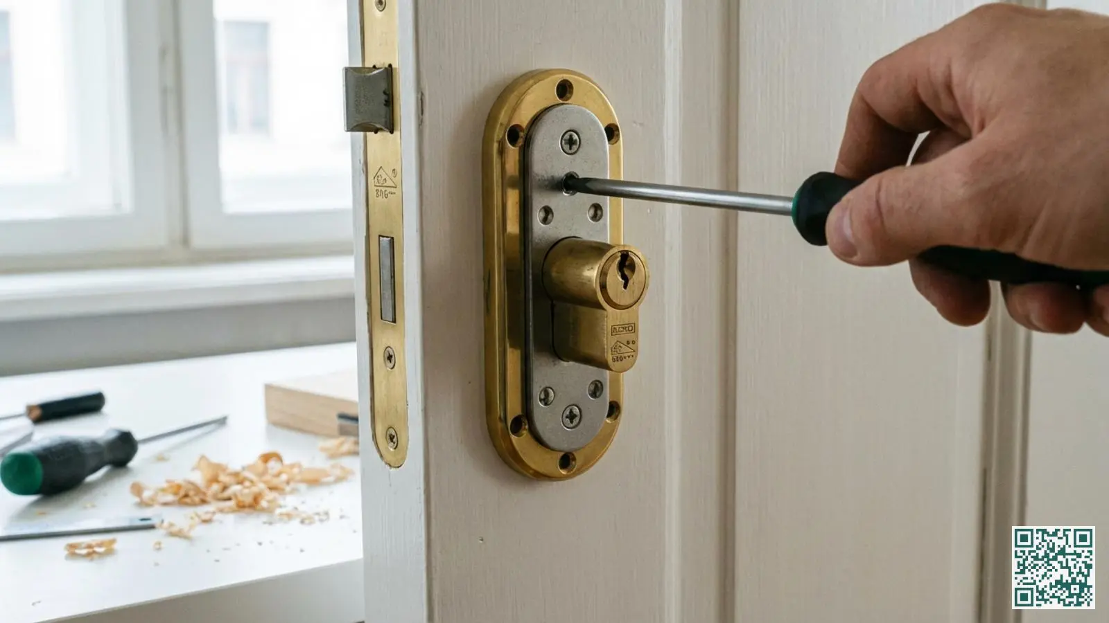 Close-up van een SKG-gecertificeerd messing cilinderslot dat wordt geïnstalleerd in een witte houten deur