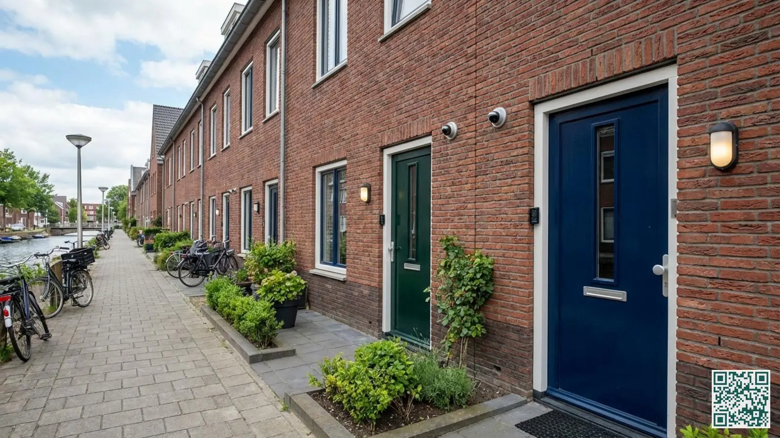 Nederlandse woonwijk met rijtjeshuizen en goed beveiligde voordeuren met moderne sloten en buitenverlichting