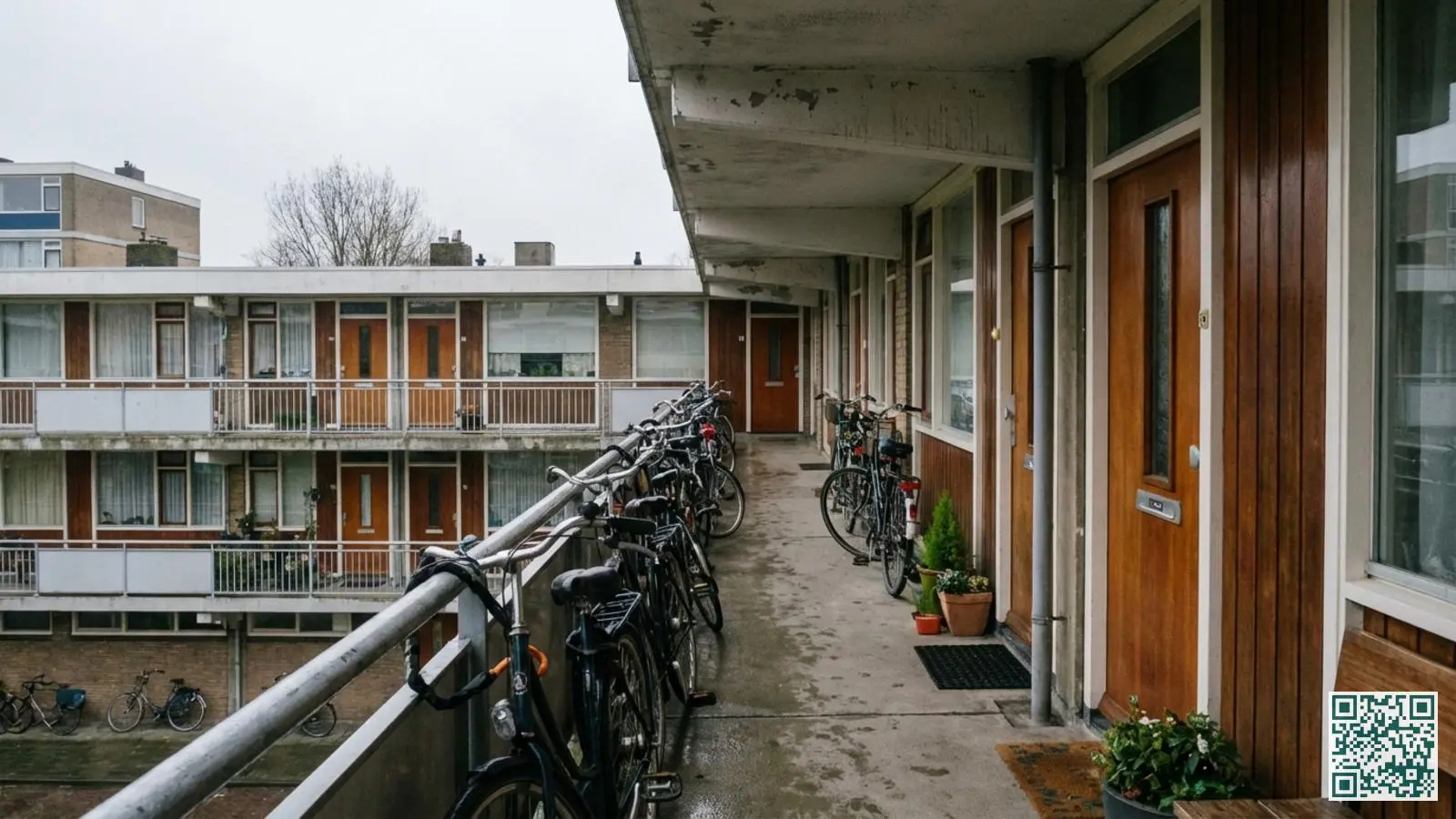 Nederlandse portiekflat in Rotterdam met meerdere voordeuren langs een galerij en geparkeerde fietsen
