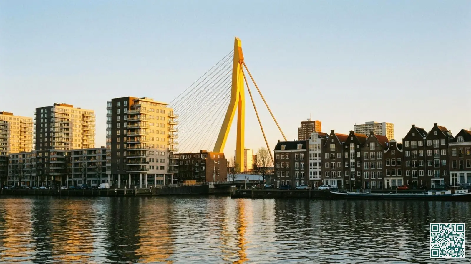 Skyline van Rotterdam met de Erasmusbrug en woongebouwen langs de Maas tijdens het gouden uur
