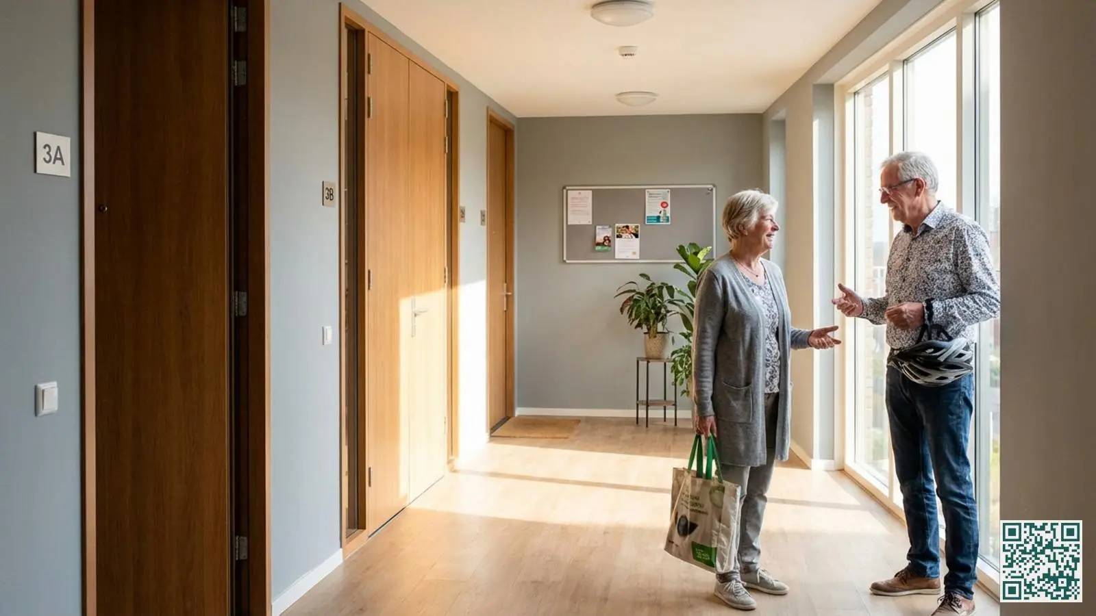 Twee appartementbewoners hebben een vriendelijk gesprek in de hal van hun appartementencomplex als goede buren