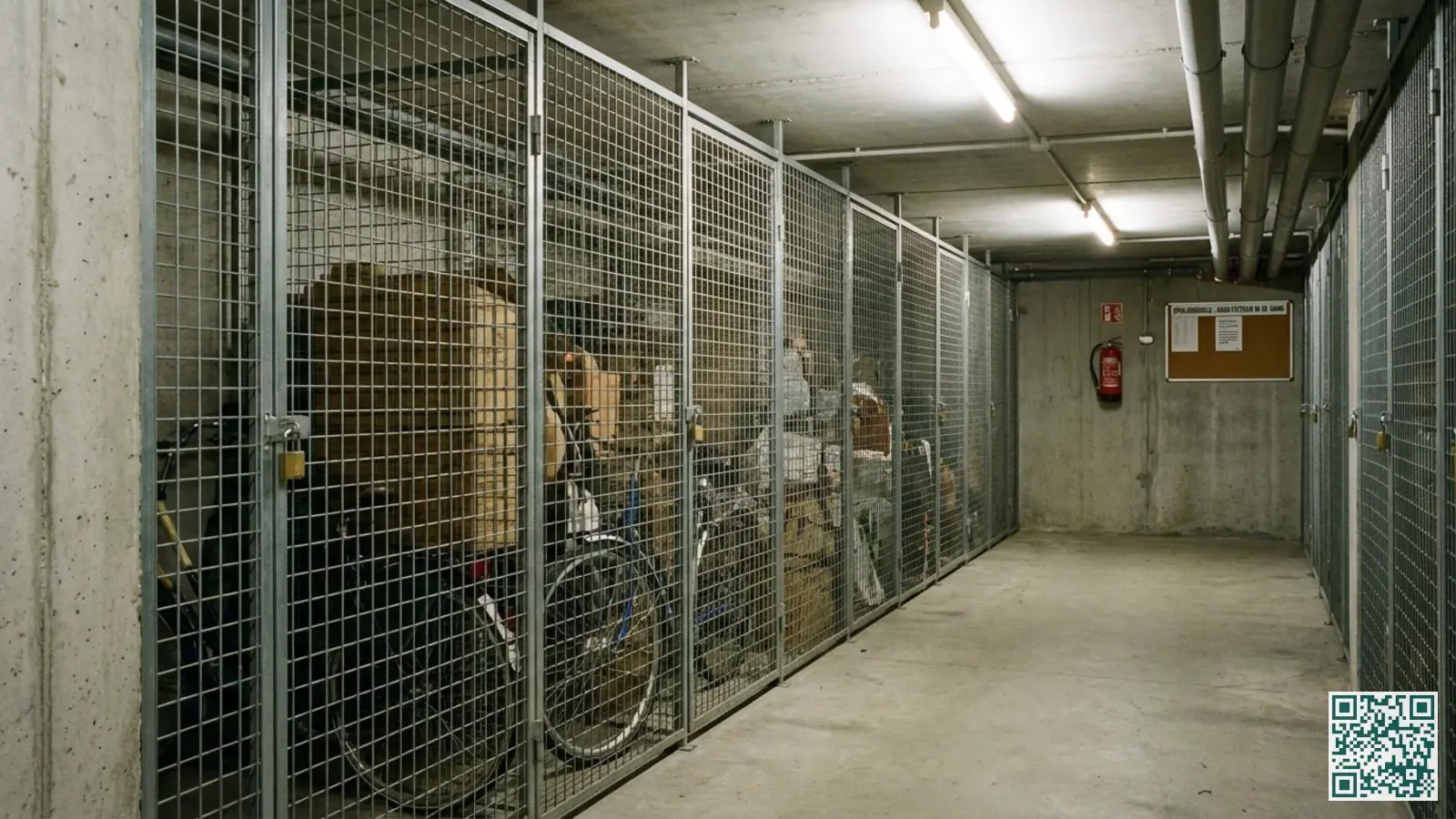 Rij bergingsboxen met gaasdeuren en hangsloten in de kelder van een Nederlands appartementencomplex met fietsen zichtbaar