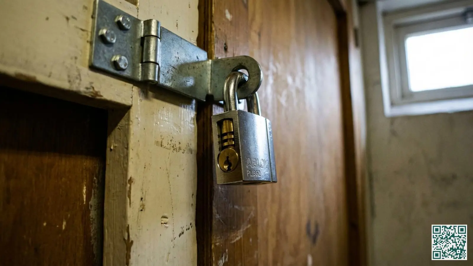 Close-up van een kwalitatief stalen hangslot op een stevige overval bevestigd aan een houten bergingsdeur