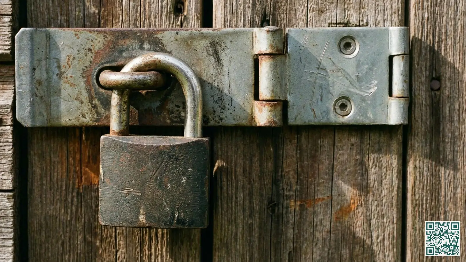 Close-up van een zwaar hangslot met geharde beugel bevestigd aan een metalen overval op een houten schuurdeur