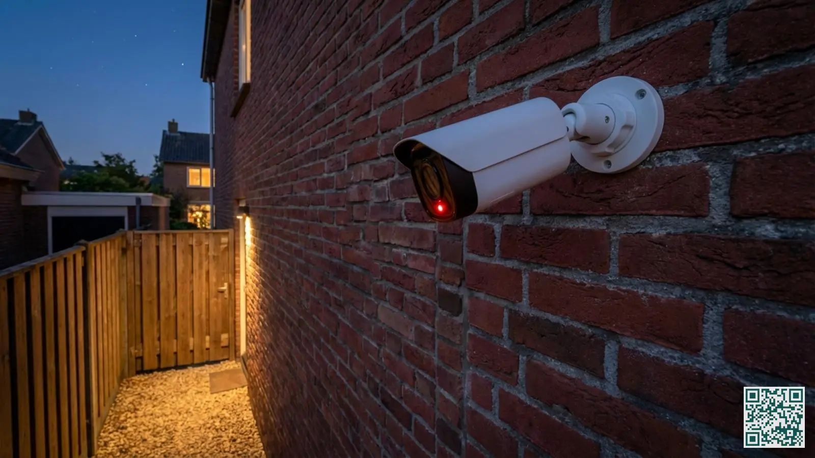Witte buitencamera gemonteerd op de zijgevel van een hoekwoning gericht op de zijingang en het tuinpad