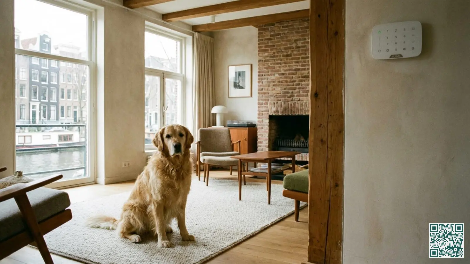 Golden retriever zit rustig in een moderne woonkamer met een alarmsysteem bedieningspaneel zichtbaar aan de muur