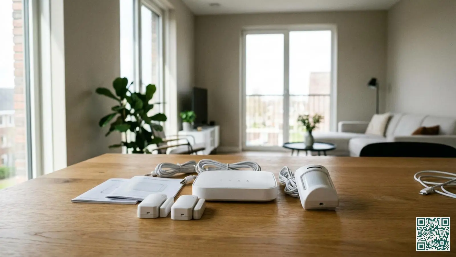 Draadloos alarmsysteem met bedieningspaneel, deursensoren en bewegingsmelder uitgestald op een houten tafel in een appartement