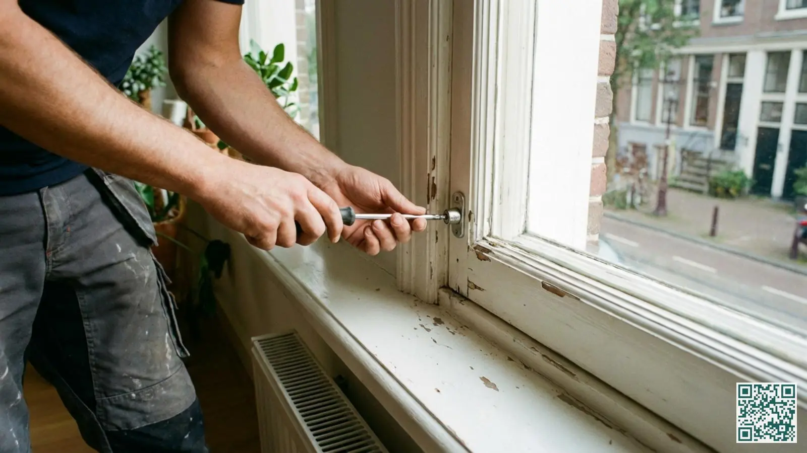 Handen die met een schroevendraaier een raamgrendel losschroeven van een wit houten raamkozijn bij vertrek uit huurwoning