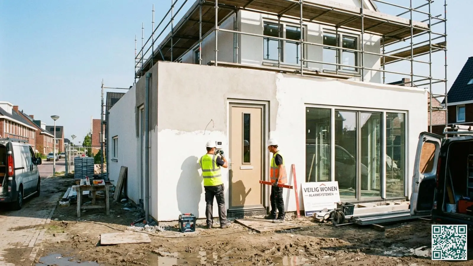 Bouwvakkers installeren beveiligingsapparatuur bij een nieuwbouwwoning in aanbouw met steigers en bouwmaterialen