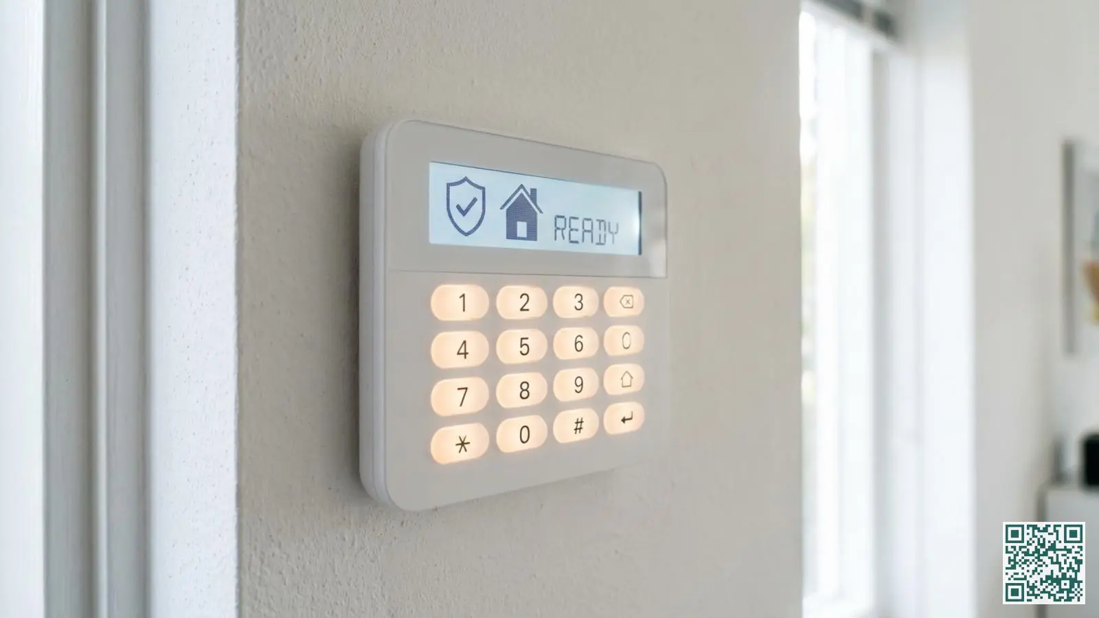 Modern alarmsysteem bedieningspaneel met extra grote verlichte knoppen en helder display aan een witte muur