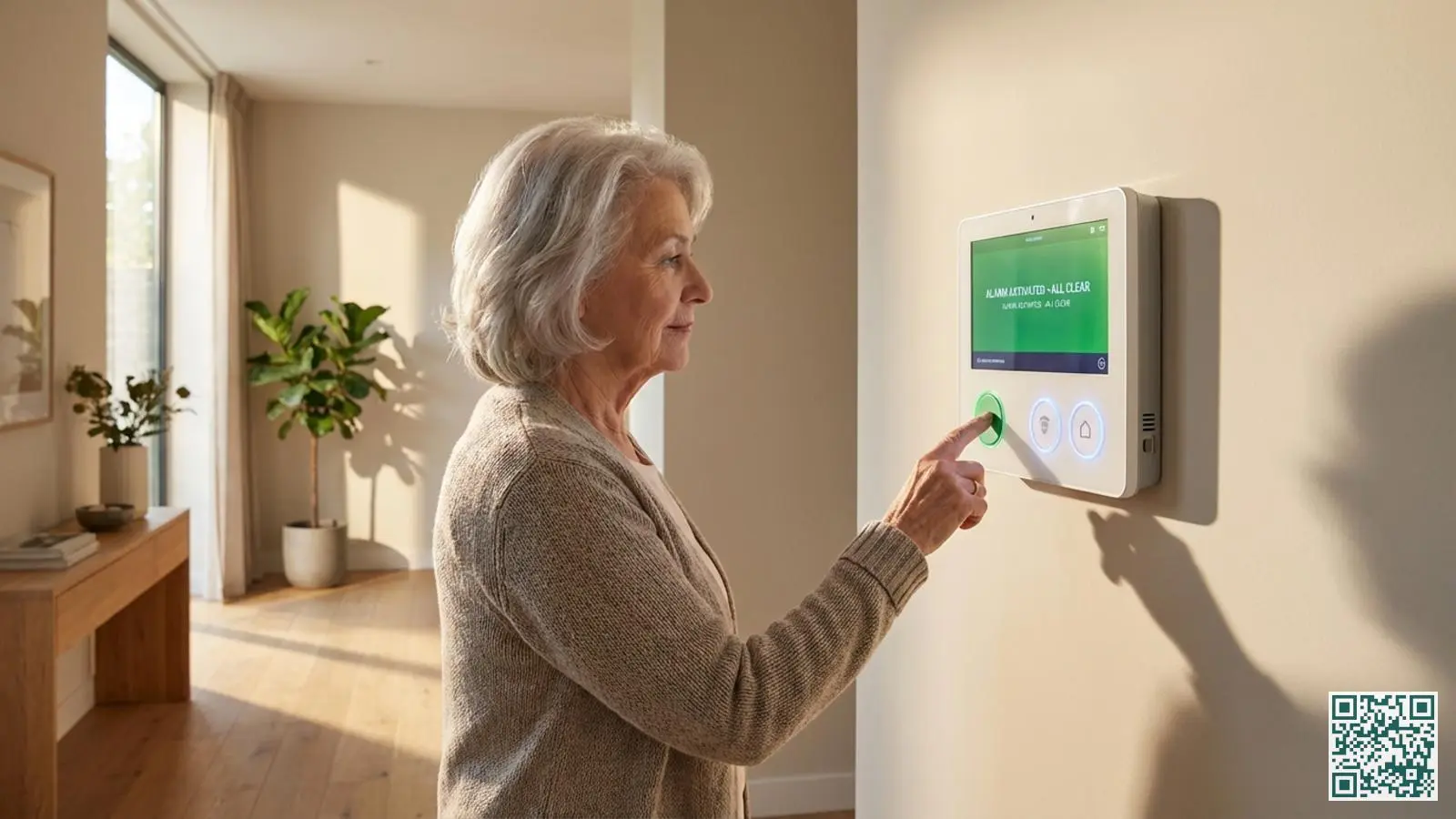 Oudere vrouw met zilvergrijs haar drukt op een grote groene knop van een alarmsysteem bedieningspaneel in een lichte hal