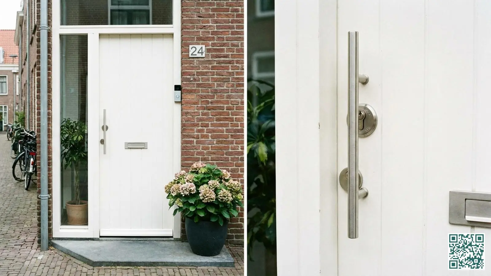 Witte voordeur van een rijtjeshuis met modern veiligheidsbeslag en een slimme video-deurbel naast de deur