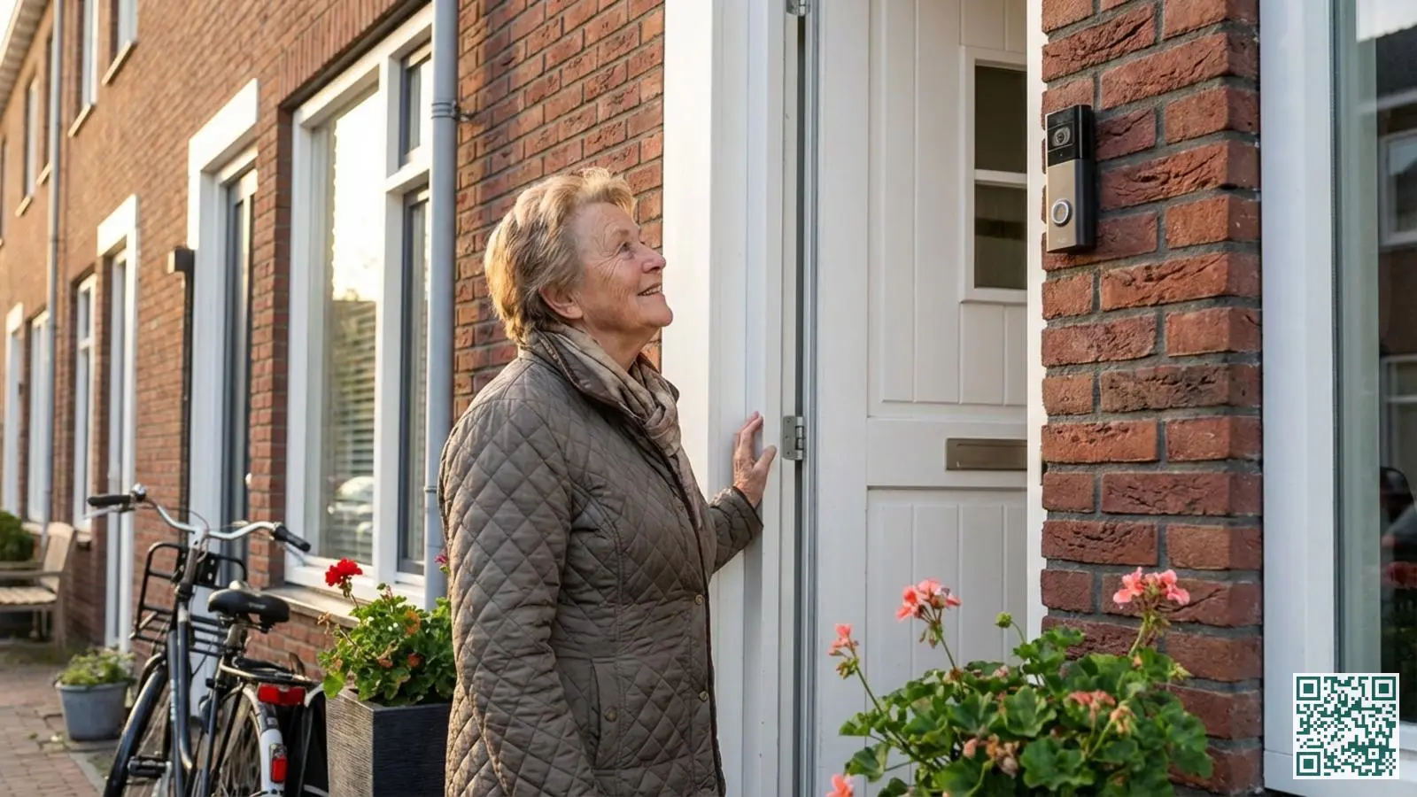 Oudere vrouw bekijkt de video-deurbel bij haar witte voordeur in een Nederlandse woning bij daglicht