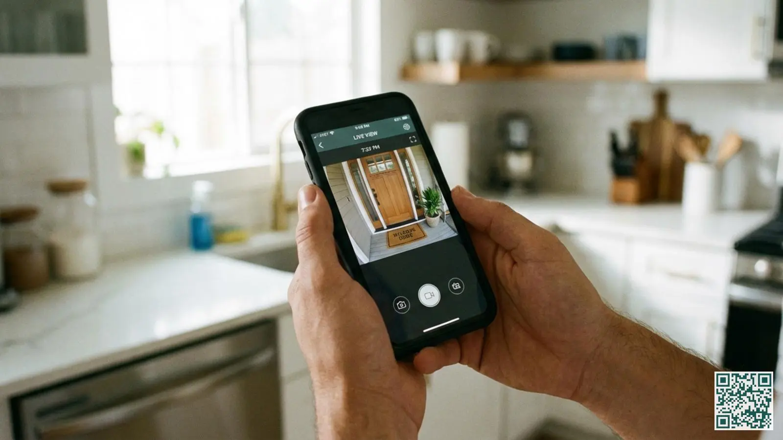 Handen houden smartphone vast met beveiligingsapp die live beeld van de voordeur toont