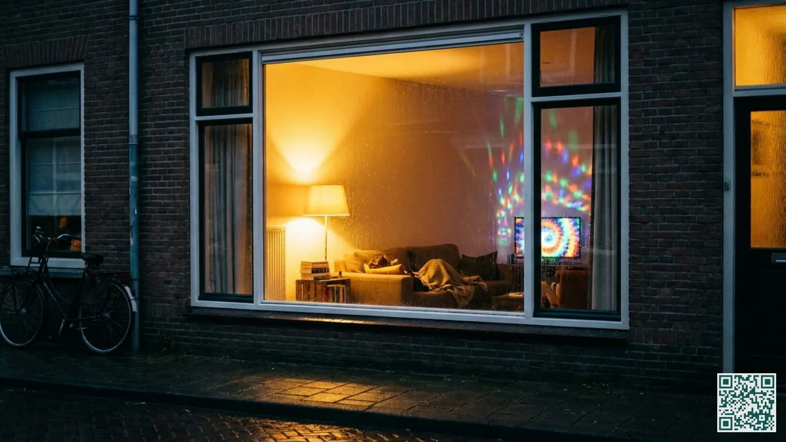 Woonkamer in de schemering met brandende lamp en tv-simulator die flikkerend licht uitstraalt