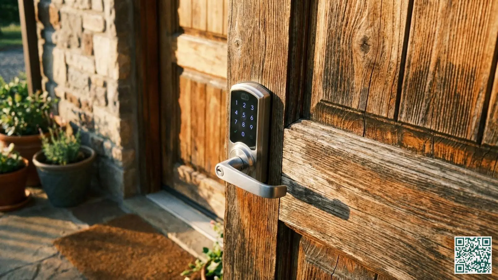 Modern zilverkleurig smart lock met digitaal toetsenbord gemonteerd op houten voordeur van vakantiewoning