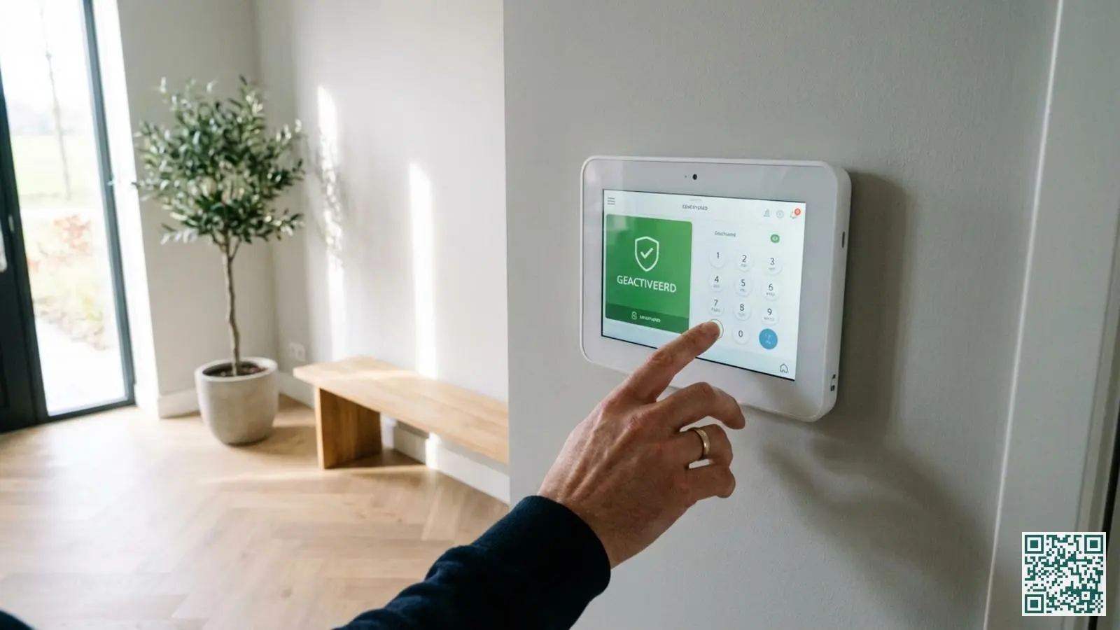 Modern wit alarmsysteem bedieningspaneel aan de muur in ruime hal met hand die pincode invoert op touchscreen