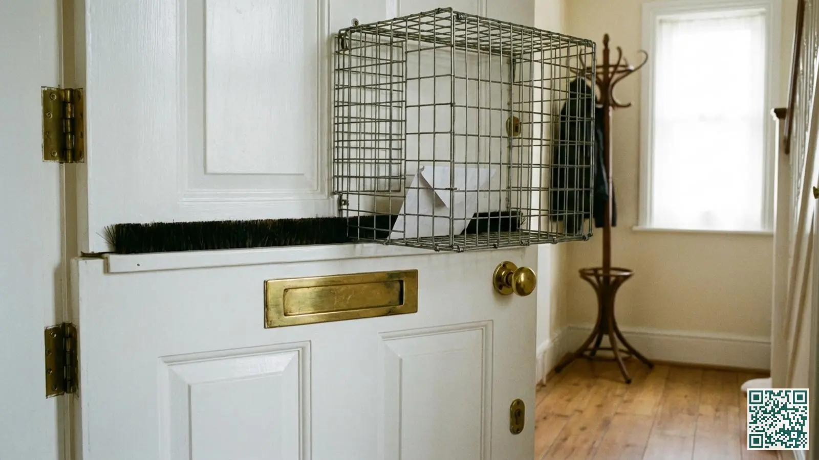 Binnenzijde van een voordeur met brievenbusbeveiliging bestaande uit een beschermende korf en borstelstrip tegen hengelen