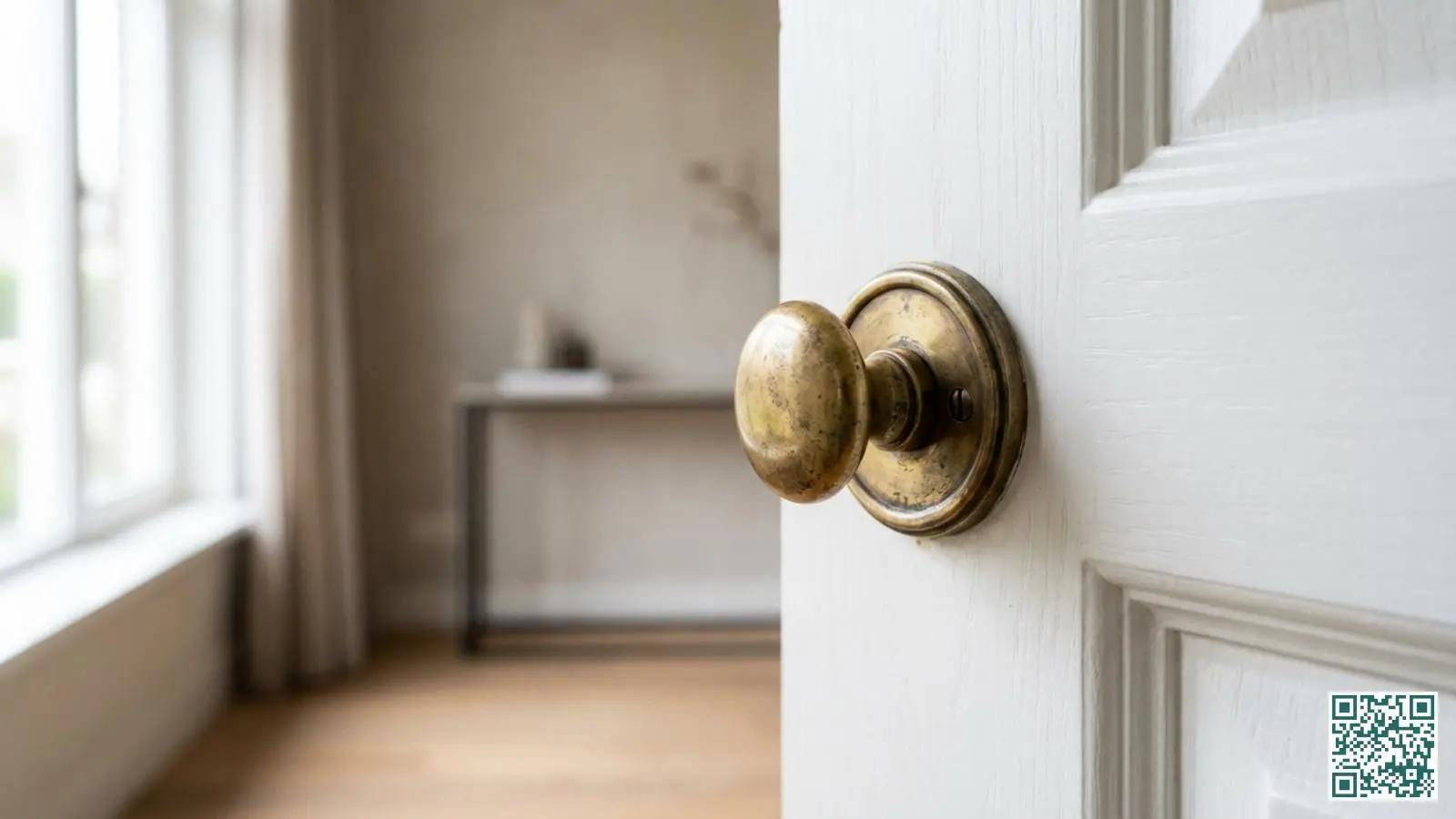 Close-up van een cilinderslot met messing draaiknop aan de binnenzijde van een witte houten deur