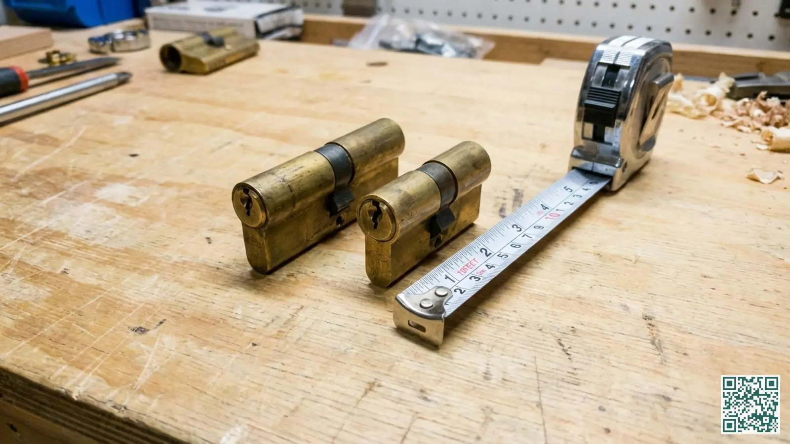 Twee messing cilindersloten naast elkaar op een houten oppervlak met een meetlint om de verschillende lengtematen te vergelijken