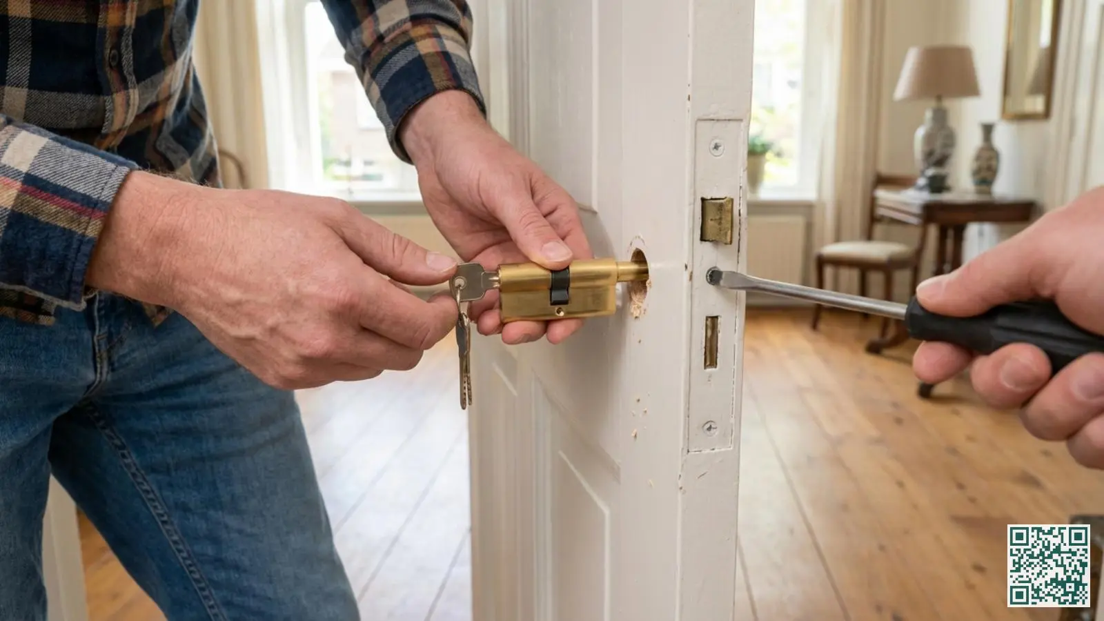 Handen die met een schroevendraaier een messing cilinderslot vervangen in een witte deur