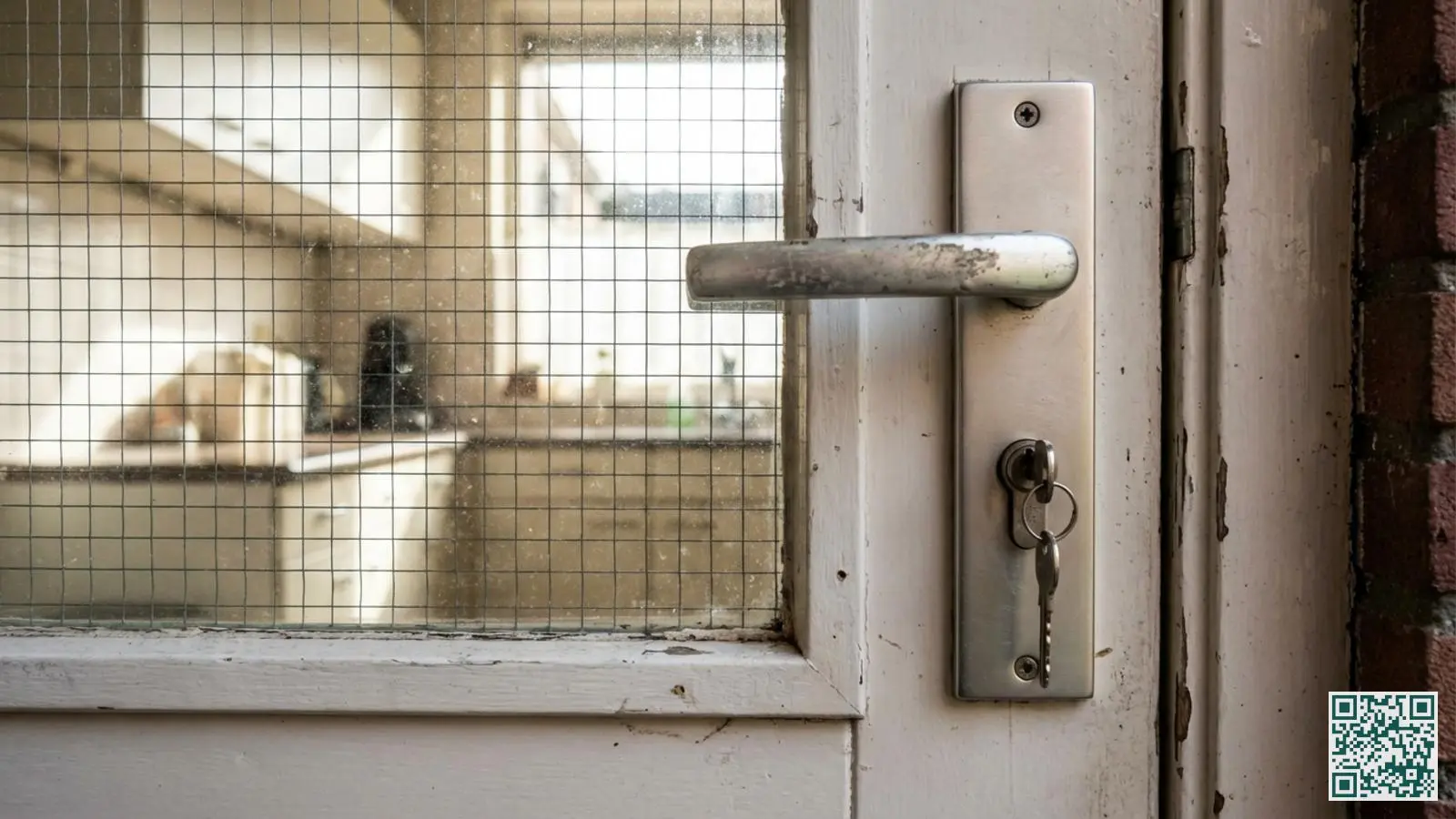 Close-up van een witte achterdeur met standaard cilinderslot en glazen paneel dat de kwetsbare punten voor inbraak toont