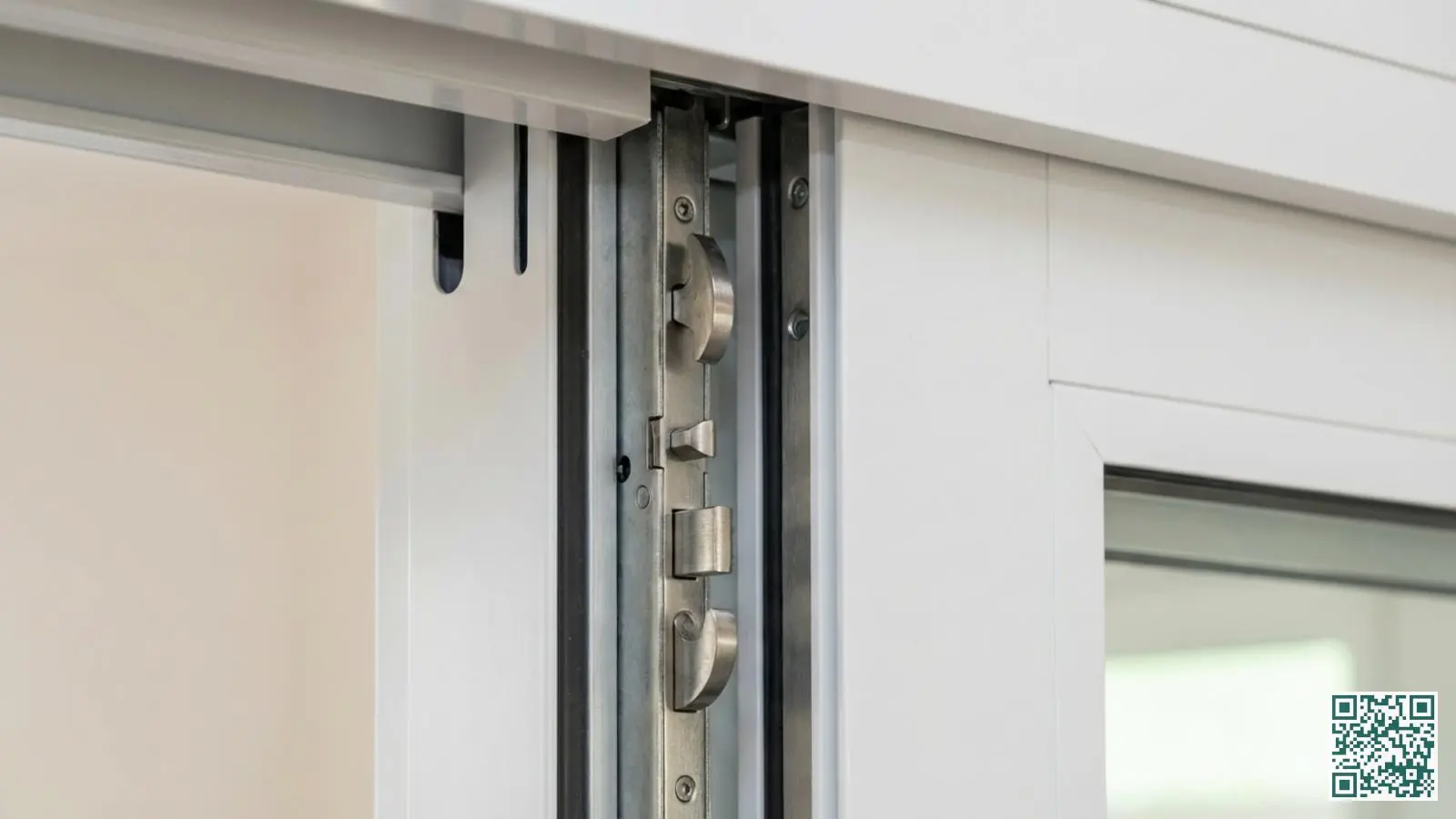 Close-up van meerpunts haaksluiting met metalen haken gemonteerd op aluminium schuifpuikozijn