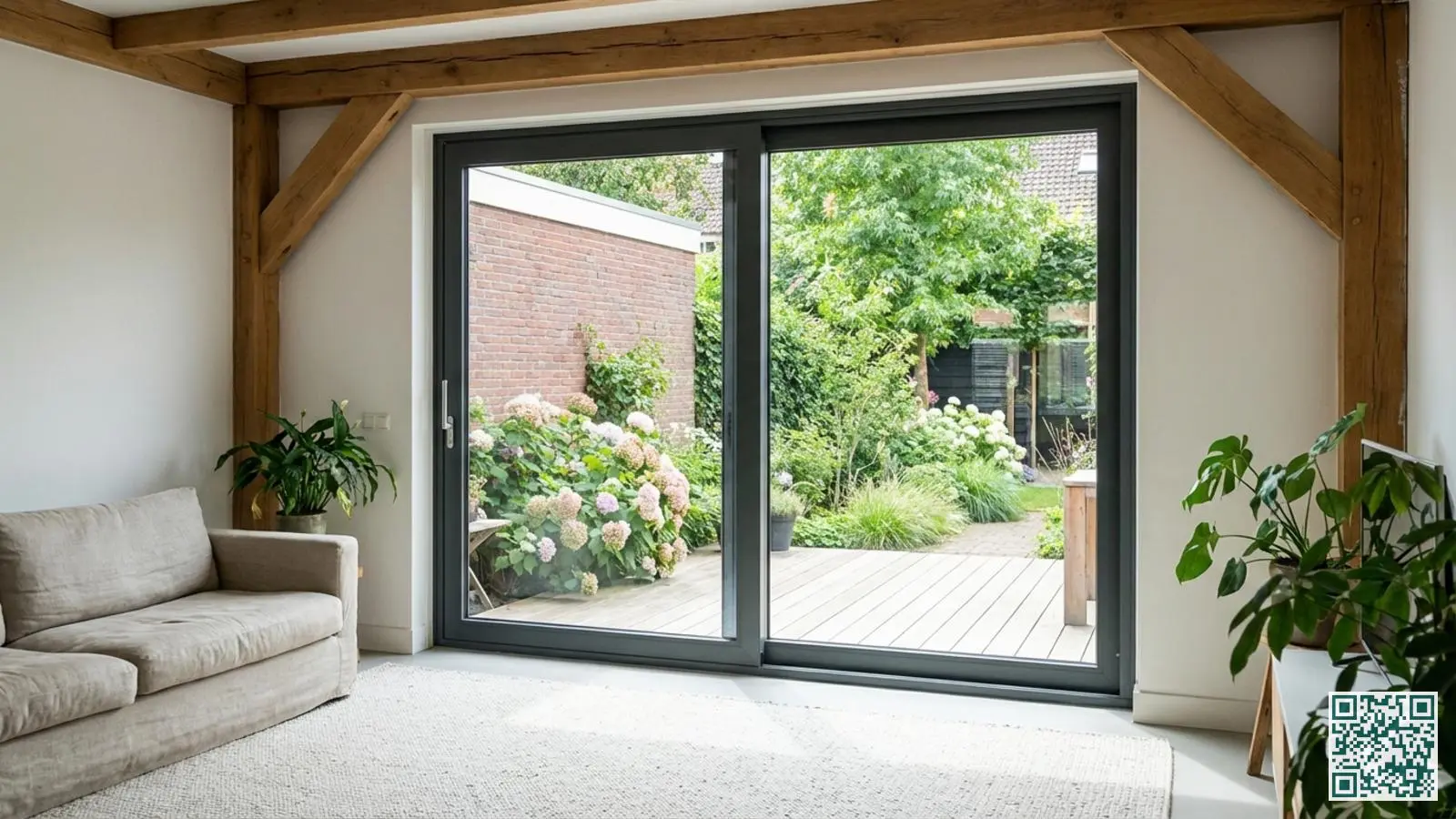 Moderne schuifpui in Nederlandse woonkamer met uitzicht op groene tuin en terras