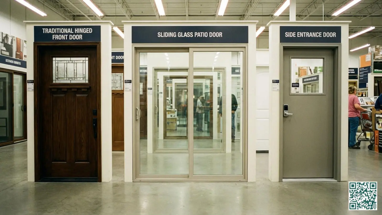 Showroom met drie deurtypen naast elkaar: draaiende voordeur, glazen schuifpui en zijdeur