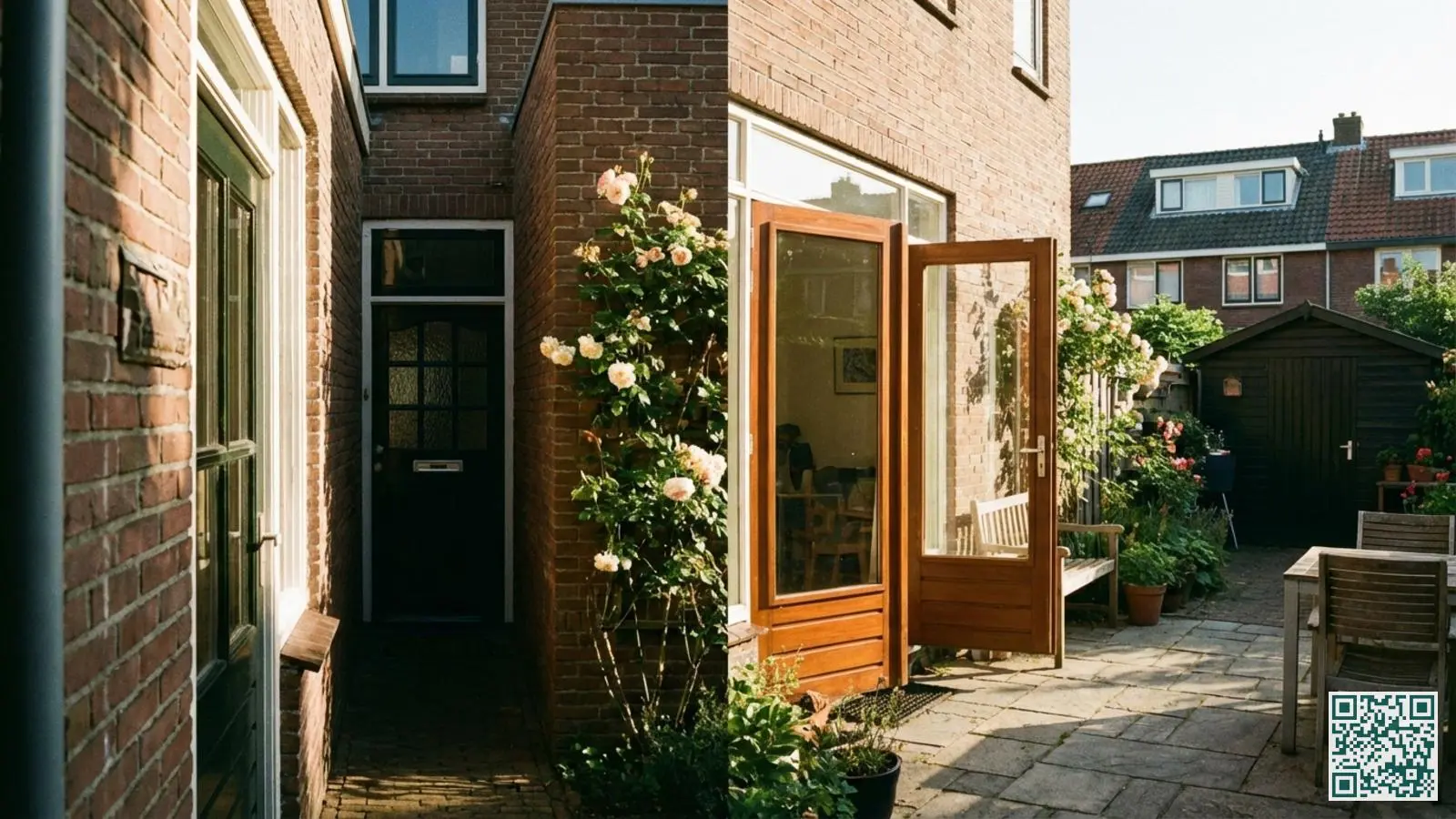 Nederlandse woning met zichtbare voordeur via zijpad en achterdeur met glazen panelen naar de tuin