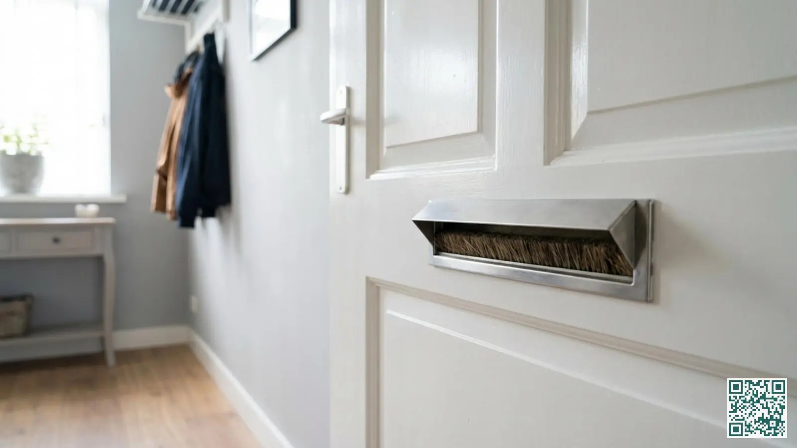 Binnenzijde van witte voordeur met brievenbusbeveiliging en beschermende borstelstrip tegen hengelen