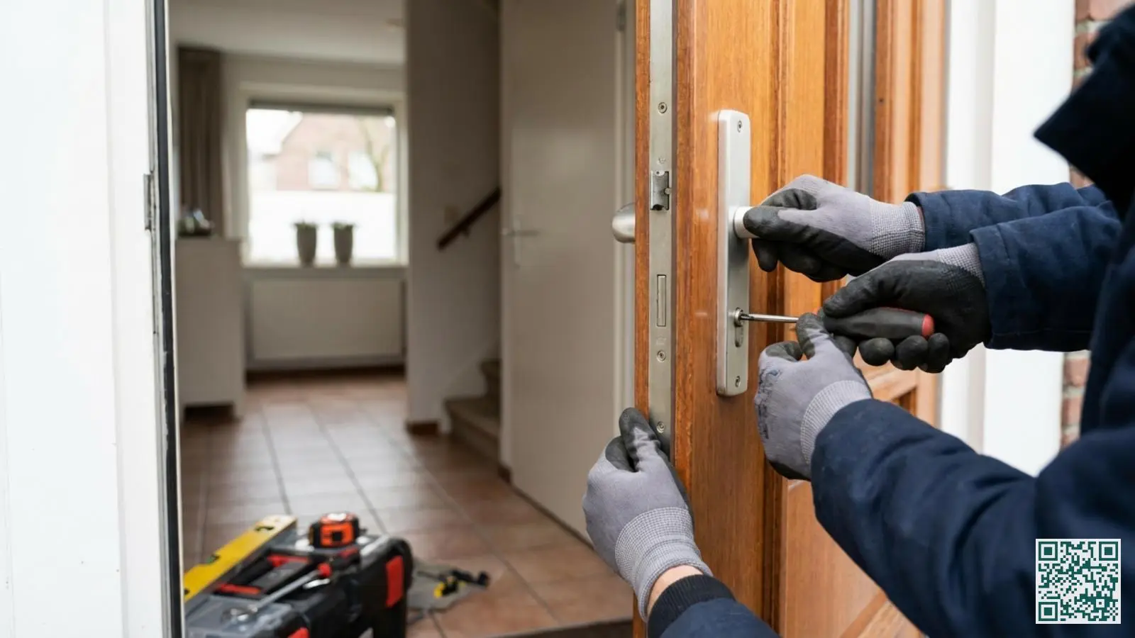 Professionele slotenmaker installeert een meerpuntssluiting in een houten voordeur met gereedschap