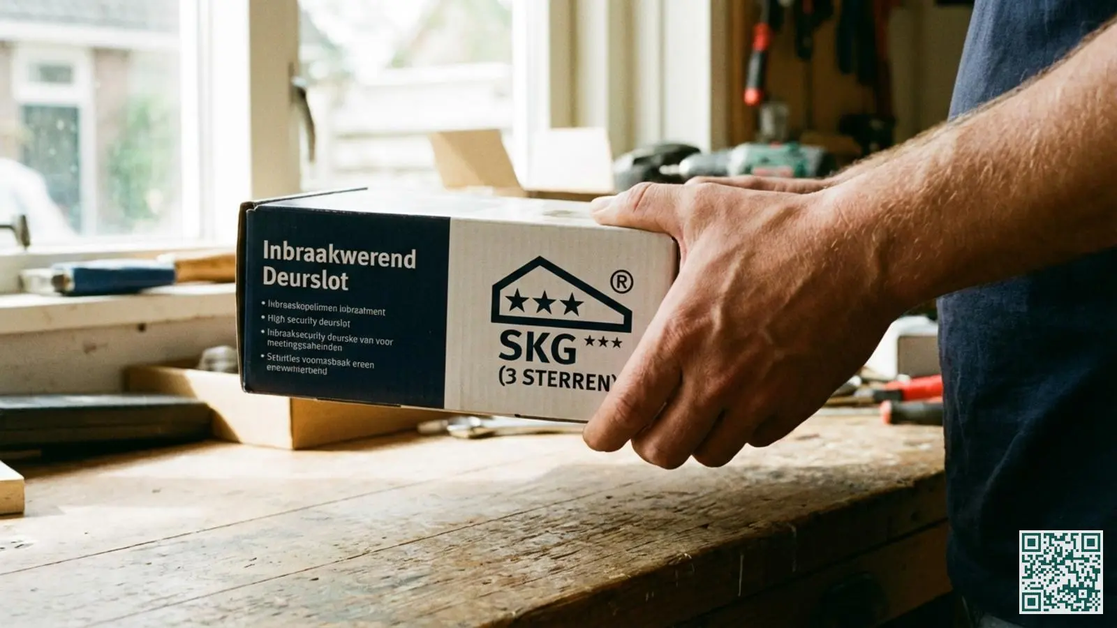 Hand houdt verpakking van beveiligingsproduct vast met zichtbaar SKG-sterrenlogo voor controle van certificering