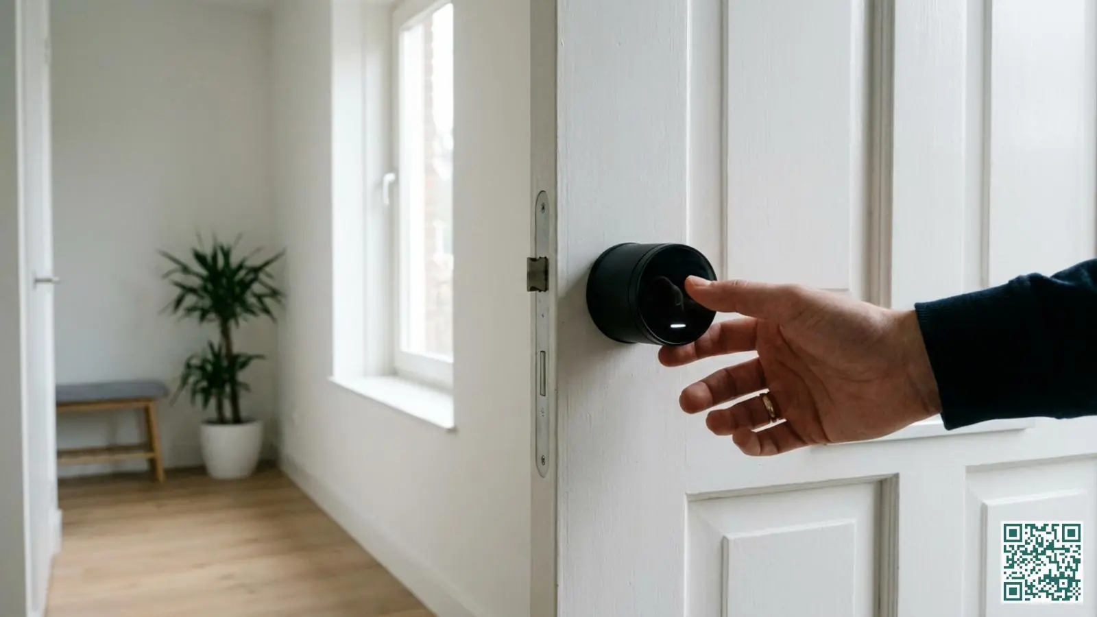 Strak zwart cilinderslot met slimme technologie gemonteerd aan de binnenzijde van een witte houten voordeur in een moderne woning